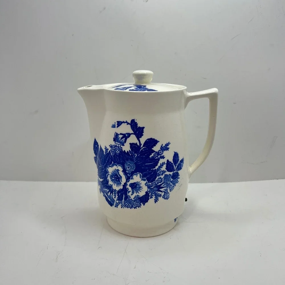 Vintage Japan Ceramic White Blue‎ Floral Electric Kettle 120V 350W With Cord
